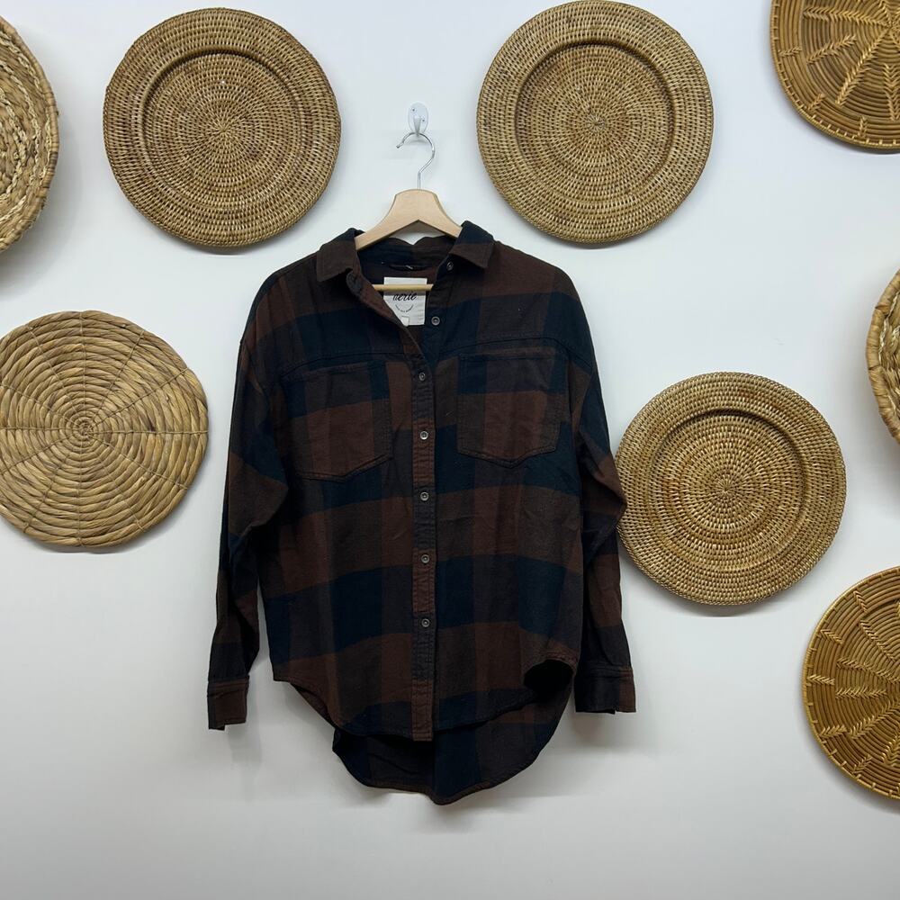 Aerie Plaid Flannel Shirt XXS Brown Gray Button Up Long Sleeve Oversized Granola
